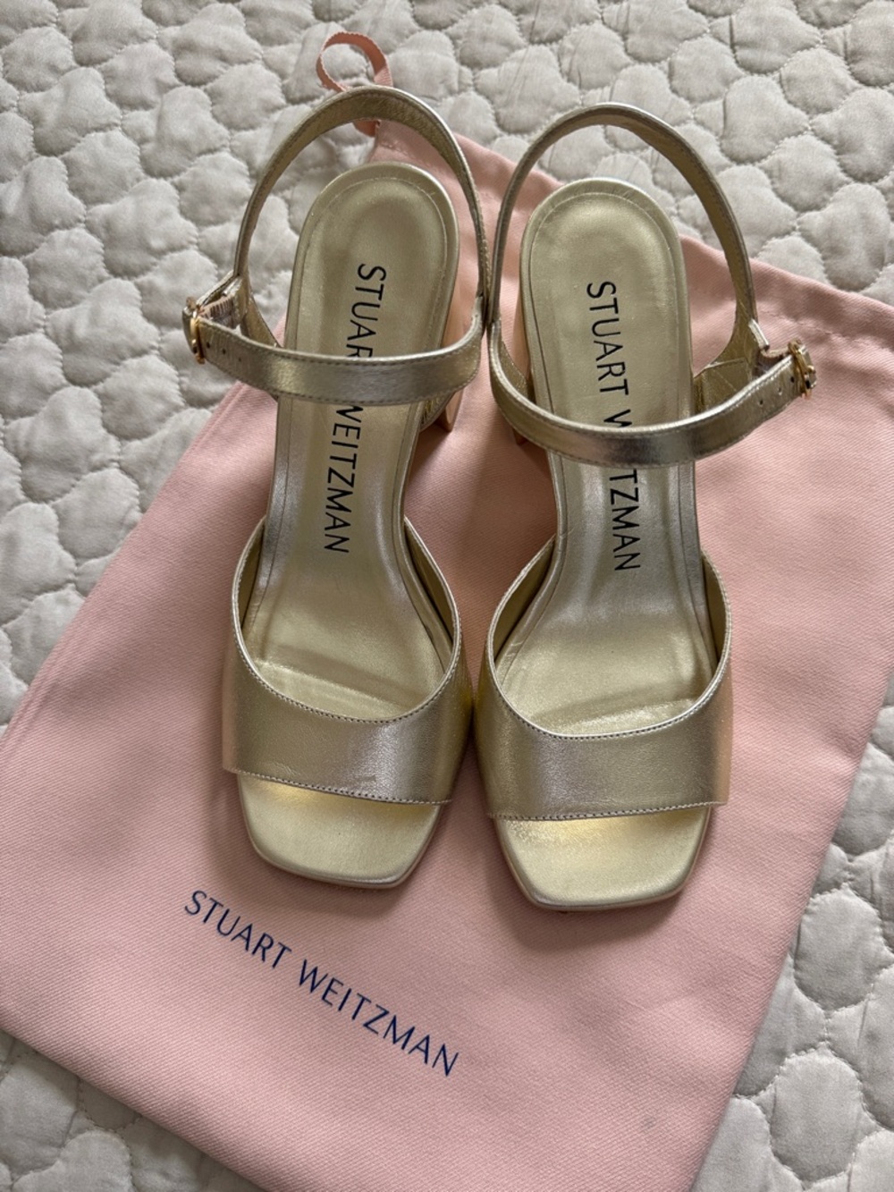 Stuart Weitzman Metallic Gold Open-Toe Chunky Heels